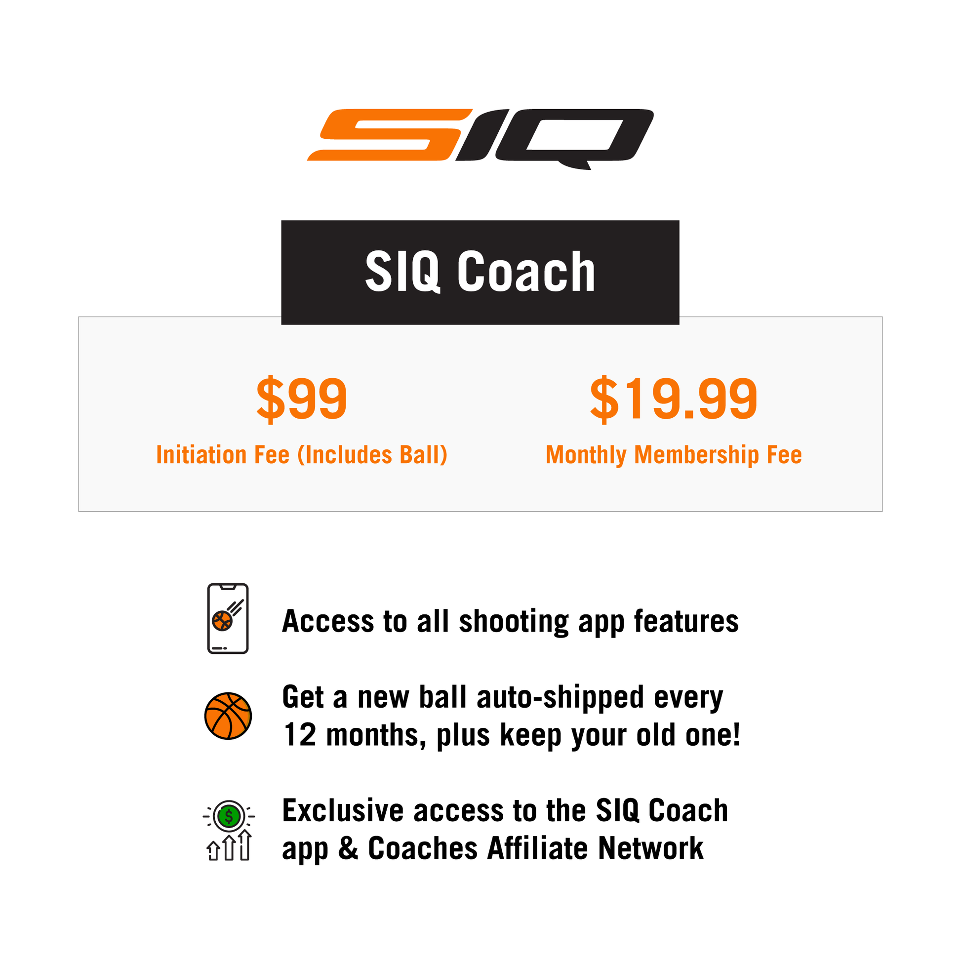 "SIQ Coach" app subscription icon. Prices are $99 for the basketball and a $19.99/month membership fee. Benefits are: access to all feature, a new ball auto-shipped every 12 months, exclusive access to the SIQ Coach app and Coaches affiliate network.