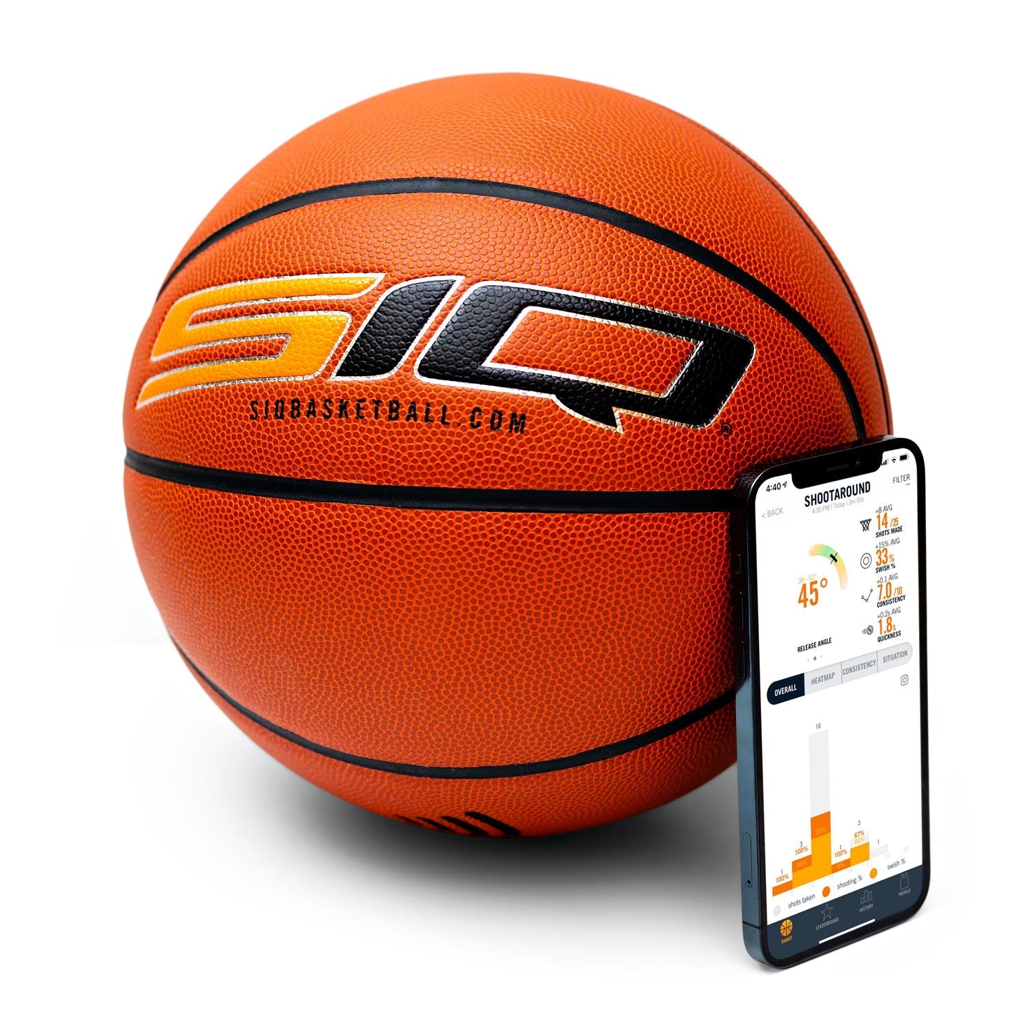 SIQ smart basketball with the SIQ Basketball app displayed on an iPhone